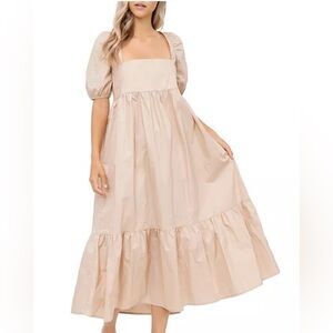 En Saison Beige/Tan Square Neck Puff Sleeve Midi Dress Size Medium
